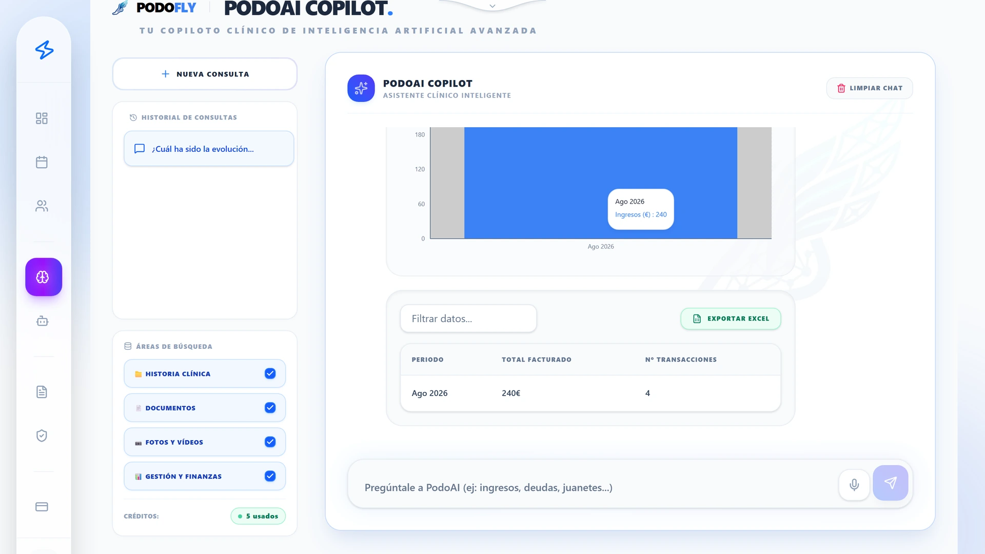 Captura real de PodoFly: Cerebro Clínico PodoAI
